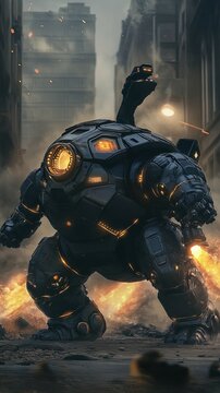 Mecha-Gamera, a robotic turtle with rocket-powered legs and a high-tech shell, charging up its plasma cannons while protecting a futuristic civilization.
