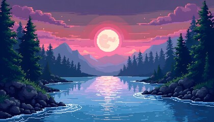 A pixel art sunset over a river and mountains, showcasing a retro landscape suitable for gaming backgrounds