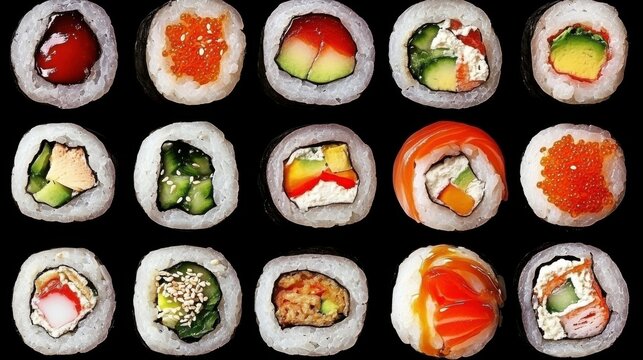 Colorful Sushi Rolls with Vibrant Sauces and Garnishes - Powered by Adobe