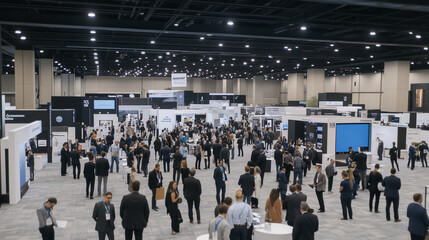 Dynamic Exhibition: An expansive view of a bustling trade show, the image captures a hive of activity with a multitude of attendees networking and exploring exhibits