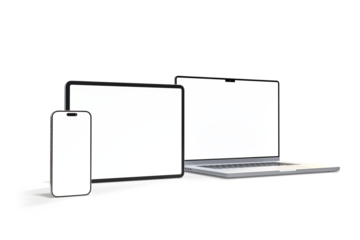 3D Realistic laptop, tablet and smartphone digital device mockup with blank screen isolated on background. Mockup technology empty display template for ui, ux, app, ads and website presentation