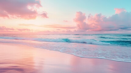 Pink Sunset Beach Paradise: Serene Ocean Waves and Pastel Sky