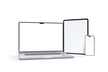 3D Realistic laptop, tablet and smartphone digital device mockup with blank screen isolated on background. Mockup technology empty display template for ui, ux, app, ads and website presentation