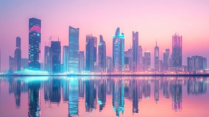 Fototapeta premium West Bay Skyline, Doha, Qatar: A Serene Dawn Reflection