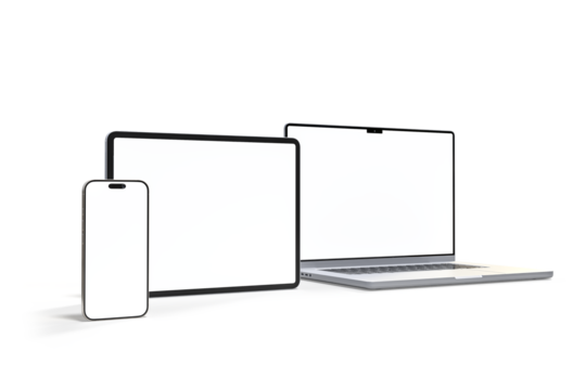 3D Realistic laptop, tablet and smartphone digital device mockup with blank screen isolated on background. Mockup technology empty display template for ui, ux, app, ads and website presentation