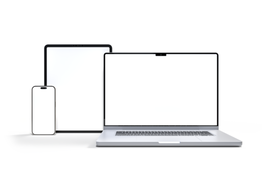 3D Realistic laptop, tablet and smartphone digital device mockup with blank screen isolated on background. Mockup technology empty display template for ui, ux, app, ads and website presentation