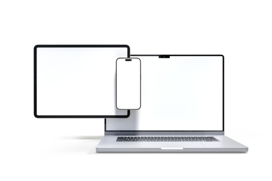 3D Realistic laptop, tablet and smartphone digital device mockup with blank screen isolated on background. Mockup technology empty display template for ui, ux, app, ads and website presentation - Powered by Adobe