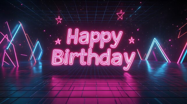 A retro 80s-inspired "Happy Birthday" graffiti design with glowing neon graffiti letters, surrounded by geometric shapes, a neon grid stretching into the distance, and glowing stars above,