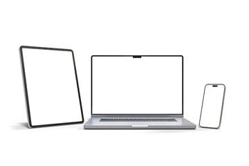 3D Realistic laptop, tablet and smartphone digital device mockup with blank screen isolated on background. Mockup technology empty display template for ui, ux, app, ads and website presentation