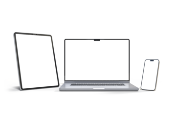 3D Realistic laptop, tablet and smartphone digital device mockup with blank screen isolated on background. Mockup technology empty display template for ui, ux, app, ads and website presentation