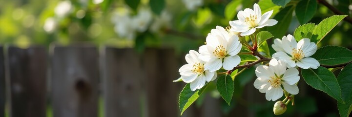 Fototapeta premium Macadamia tree with white flowers at full bloom against a rustic wooden fence, garden, scenery