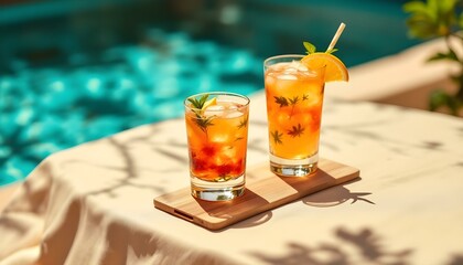 Summer pool party scene with two Pimm's Cup cocktails resting on a table next to a shimmering swimming pool