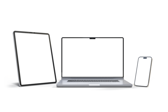 3D Realistic laptop, tablet and smartphone digital device mockup with blank screen isolated on background. Mockup technology empty display template for ui, ux, app, ads and website presentation