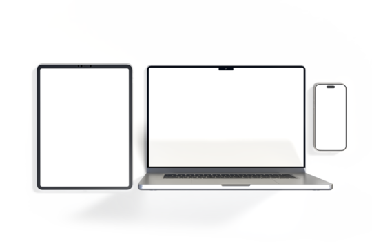 3D Realistic laptop, tablet and smartphone digital device mockup with blank screen isolated on background. Mockup technology empty display template for ui, ux, app, ads and website presentation