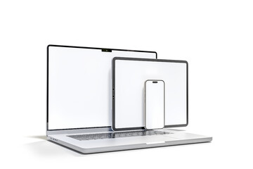 3D Realistic laptop, tablet and smartphone digital device mockup with blank screen isolated on...
