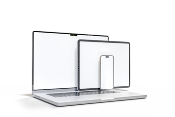 3D Realistic laptop, tablet and smartphone digital device mockup with blank screen isolated on background. Mockup technology empty display template for ui, ux, app, ads and website presentation