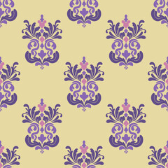 Purple and yellow seamless pattern with damask ornament. Vector Illustration. Victorian style, ideas for textiles, wallpaper, rugs, carpets, pottery, tiles, and curtains.
