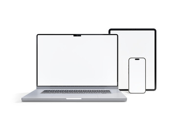 3D Realistic laptop, tablet and smartphone digital device mockup with blank screen isolated on...