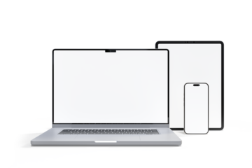 3D Realistic laptop, tablet and smartphone digital device mockup with blank screen isolated on background. Mockup technology empty display template for ui, ux, app, ads and website presentation