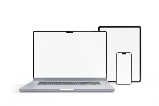 3D Realistic laptop, tablet and smartphone digital device mockup with blank screen isolated on background. Mockup technology empty display template for ui, ux, app, ads and website presentation