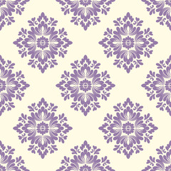 Purple flower damask seamless pattern. Victoria style. Fine vector traditional ornament with oriental elements. Idea for rugs, curtains, carpet, wallpaper, pottery, and tiles.