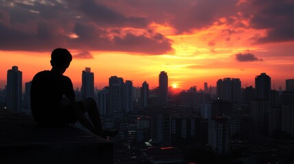 Silhouette person sunset city view
