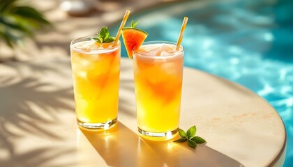 Refreshing orange juice in two glasses with straws, set on a table by the pool for a vibrant summer party