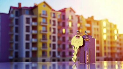 New apartment keys resting on a surface with colorful buildings in the background during sunset - Powered by Adobe