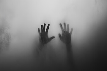 A black and white photograph of two hands behind a foggy glass creates an eerie atmosphere.