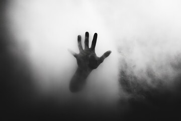 A black and white photograph of two hands behind a foggy glass creates an eerie atmosphere.