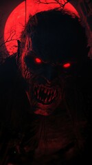 A menacing Romanian Strigoi, with fanged teeth and blood-red eyes, emerges from an ancient crypt as the full moon illuminates the village below. 