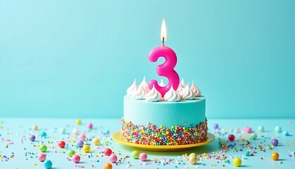 3rd Birthday Cake with Light Blue Frosting, Colorful Sprinkles, and a Lit Number 3 Candle
