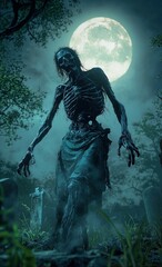 Fototapeta premium A Haitian Zombi, with lifeless eyes and slow, deliberate movements, rises from the soil in a moonlit graveyard. 