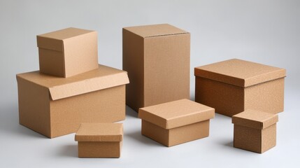 Fototapeta premium Various sized kraft cardboard boxes stacked. Perfect for packaging, shipping, or storage concepts.