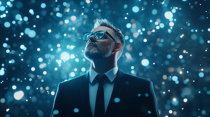 Visionary Leader in a Digital Universe: A sophisticated businessman gazes upwards with determination and confidence, surrounded by a stunning display of glowing particles, embodying innovation, data.