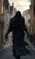 A decaying French Revenant, still wearing the tattered remnants of its burial shroud, stalks the cobblestone streets of a quiet village at dawn. 