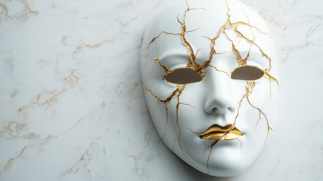 Kintsugi Mask: A close-up shot of a white mask, delicately adorned with golden veins, embodying the art of Kintsugi and the beauty of embracing imperfections. 