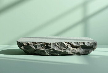 Rustic Stone Podium on Muted Green Background, Lighting with Soft Shadows, Cosmetic Products Scene