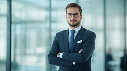 Fototapeta premium Confident Professional Portrait: A sharp and composed businessman in a modern office setting, embodying professionalism and business acumen.