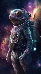 Fototapeta premium A stealthy chameleon astronaut in a high-tech spacesuit that adapts and changes colors to blend with the stars and nebulae in the background. Its large eyes scan the cosmos for new discoveries