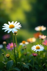 Daisy flowers growing in a lush garden setting, landscape, serene, meadow