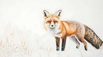 Fototapeta premium A Captivating Portrait of a Red Fox Standing Alertly in a Snowy Field, Evoking the Serenity and Wild Beauty of Winter Landscapes with its Stunning Detail