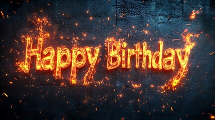 Flaming "Happy Birthday" graffiti with glowing fire accents outlining the letters, vibrant sparks and embers scattered around, set on a dark concrete wall, dramatic and intense atmosphere, ultra HD.