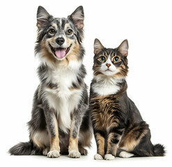 Obraz premium A Charming Duo, Border Collie and Maine Coon Cat Posing Together Against a White Background, Displaying Friendship and Togetherness, and Pet Harmony