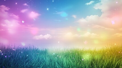Obraz premium Rainbow Sky over Dreamy Grassland: A Magical Scene