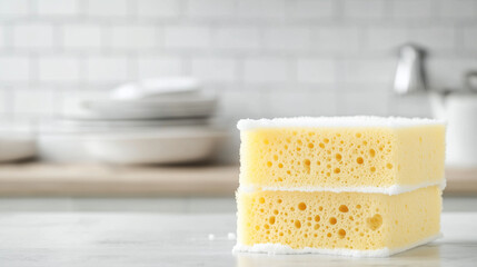Kitchen Cleaning Sponge Stack: A close-up view of a clean kitchen sponge stack, showcasing the texture and absorbency of this household item. Background blur emphasizes the utility setting. 