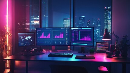 Fototapeta premium Neon Cityscape Night Workstation: Modern Tech Setup with Triple Monitor Display and Vibrant Lighting