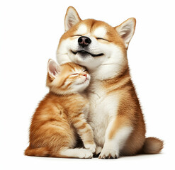 Obraz premium A Heartwarming Moment, An Adorable Kitten Cuddling with a Smiling Shiba Inu Puppy, Expressing Love and Affection in a Captivating Display of Inter-species Harmony