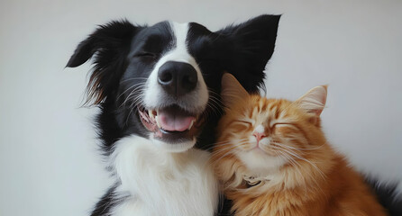 Fototapeta premium A heartwarming and tender portrait capturing the beautiful bond between a border collie dog and a ginger cat, showcasing pure friendship and affection
