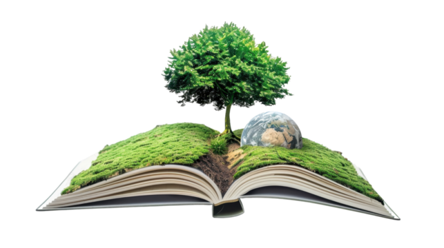 Open book showing earth globe and growing tree with transparent background